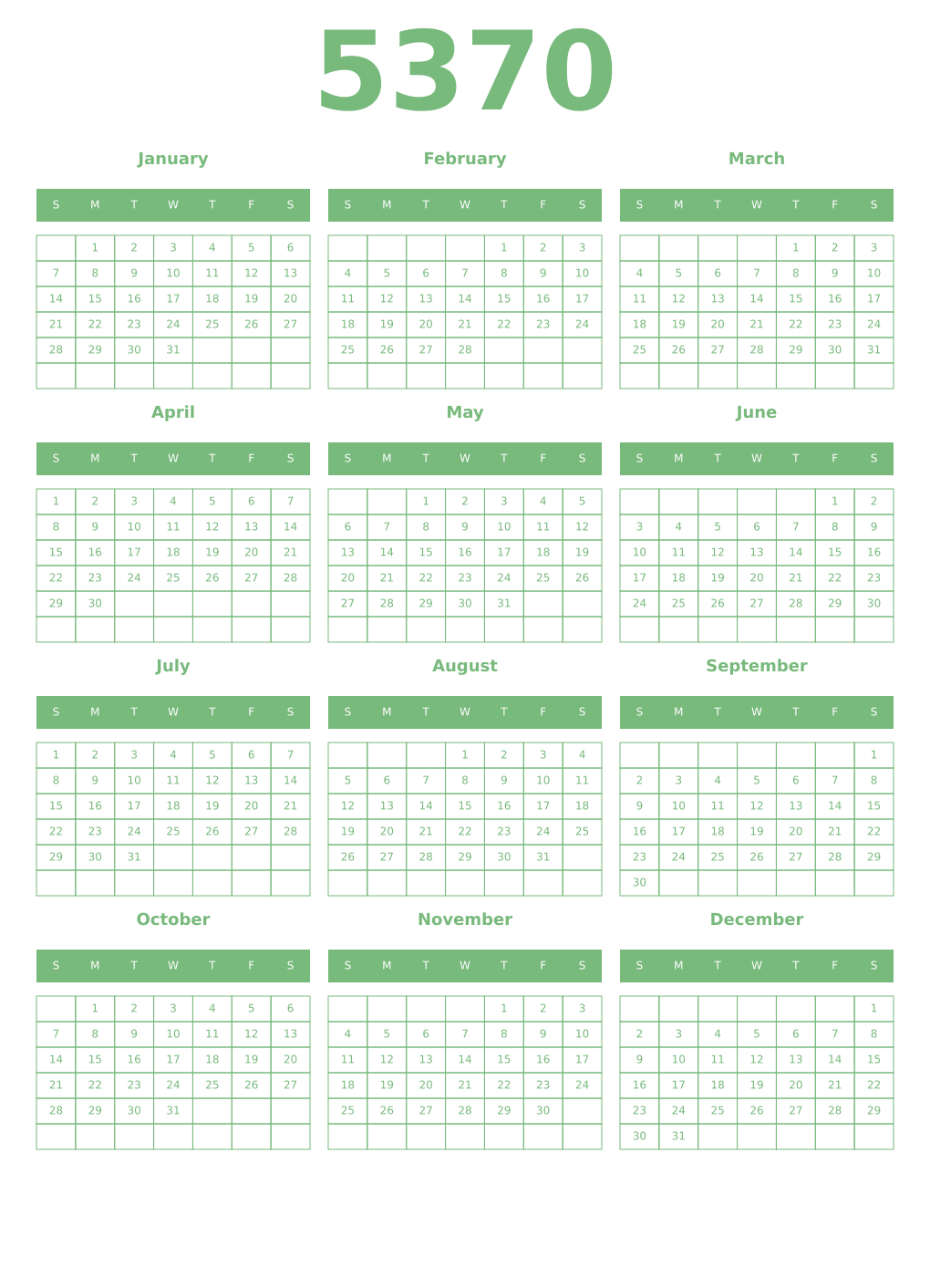 Printable 5370 Year Calendars celadon