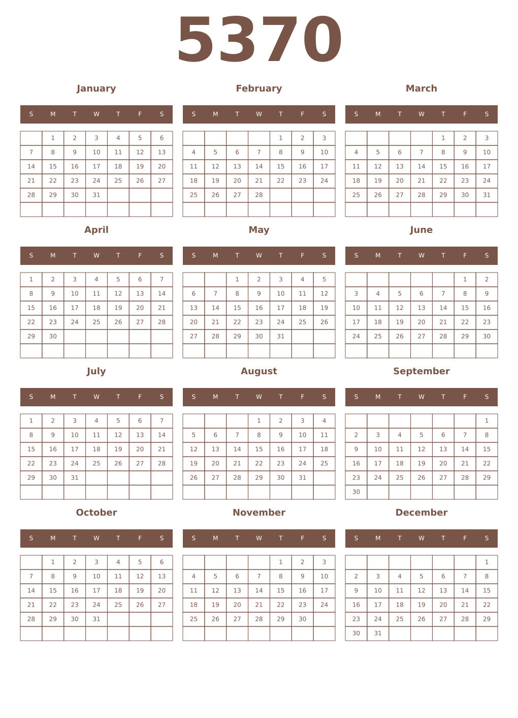 Printable 5370 Year Calendars coffe