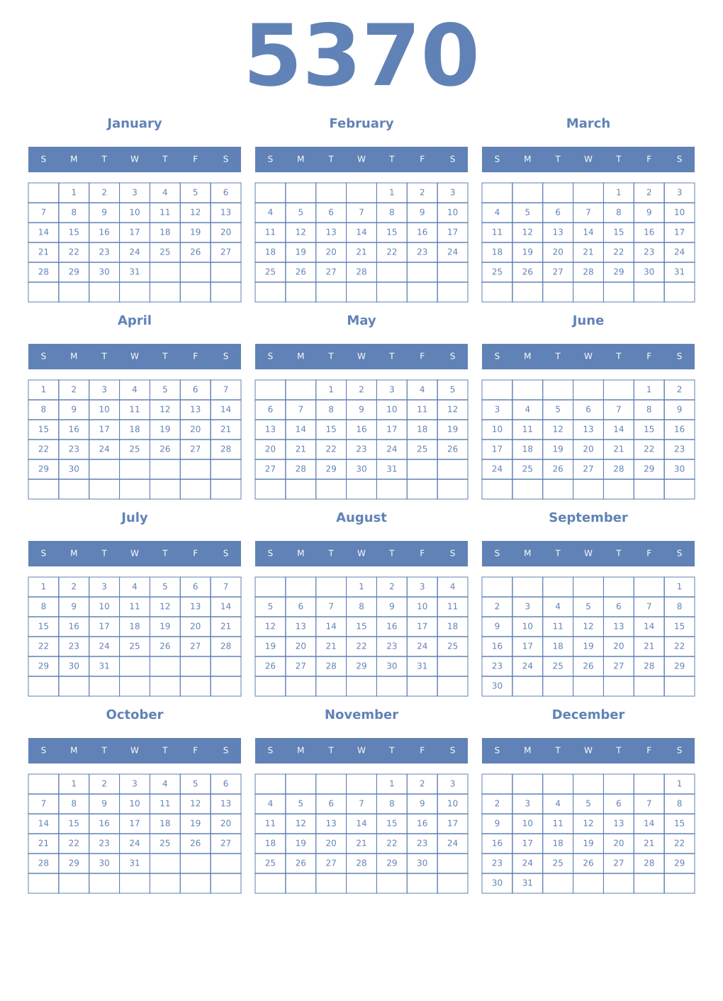 Printable 5370 Year Calendars glaucous