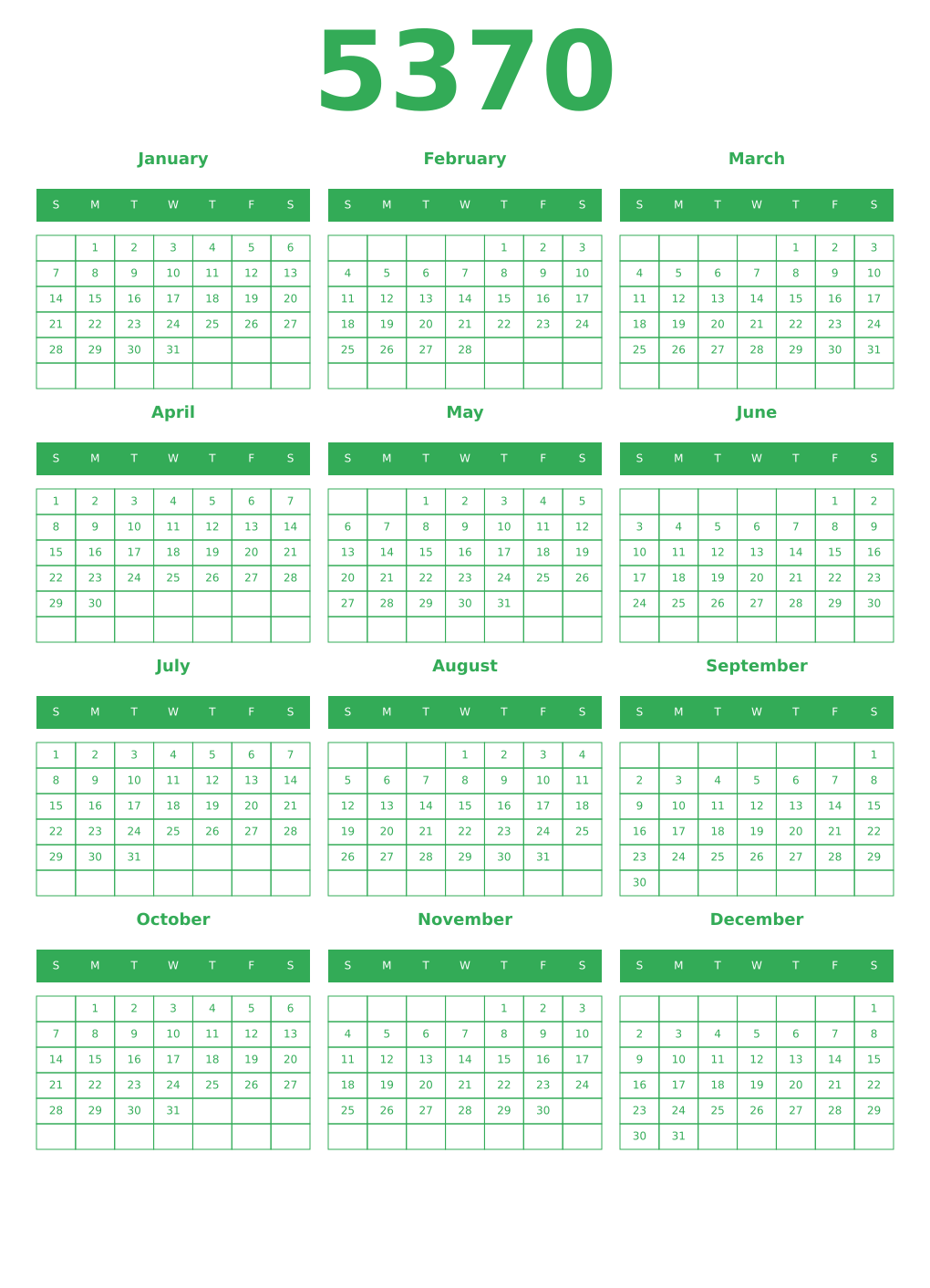 Printable 5370 Year Calendars green