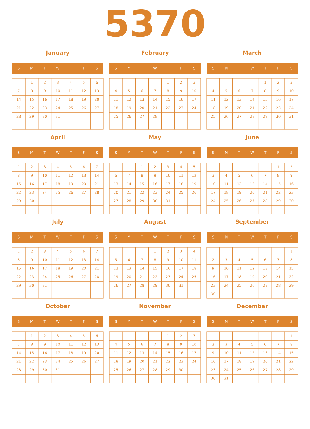 Printable 5370 Year Calendars orange