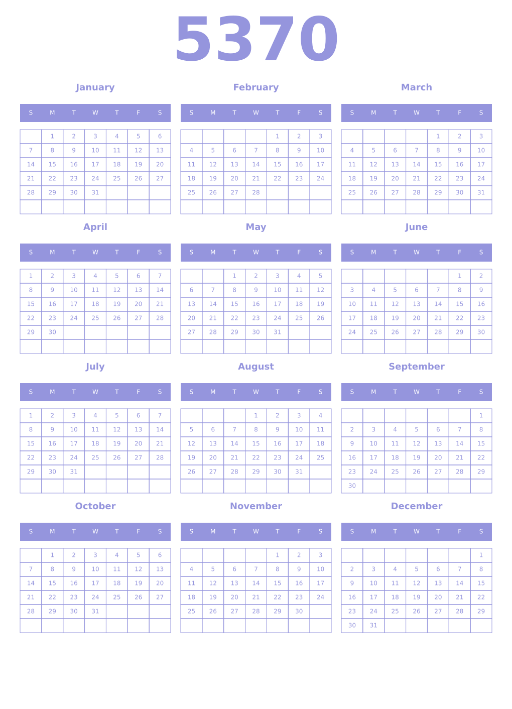 Printable 5370 Year Calendars periwinkle