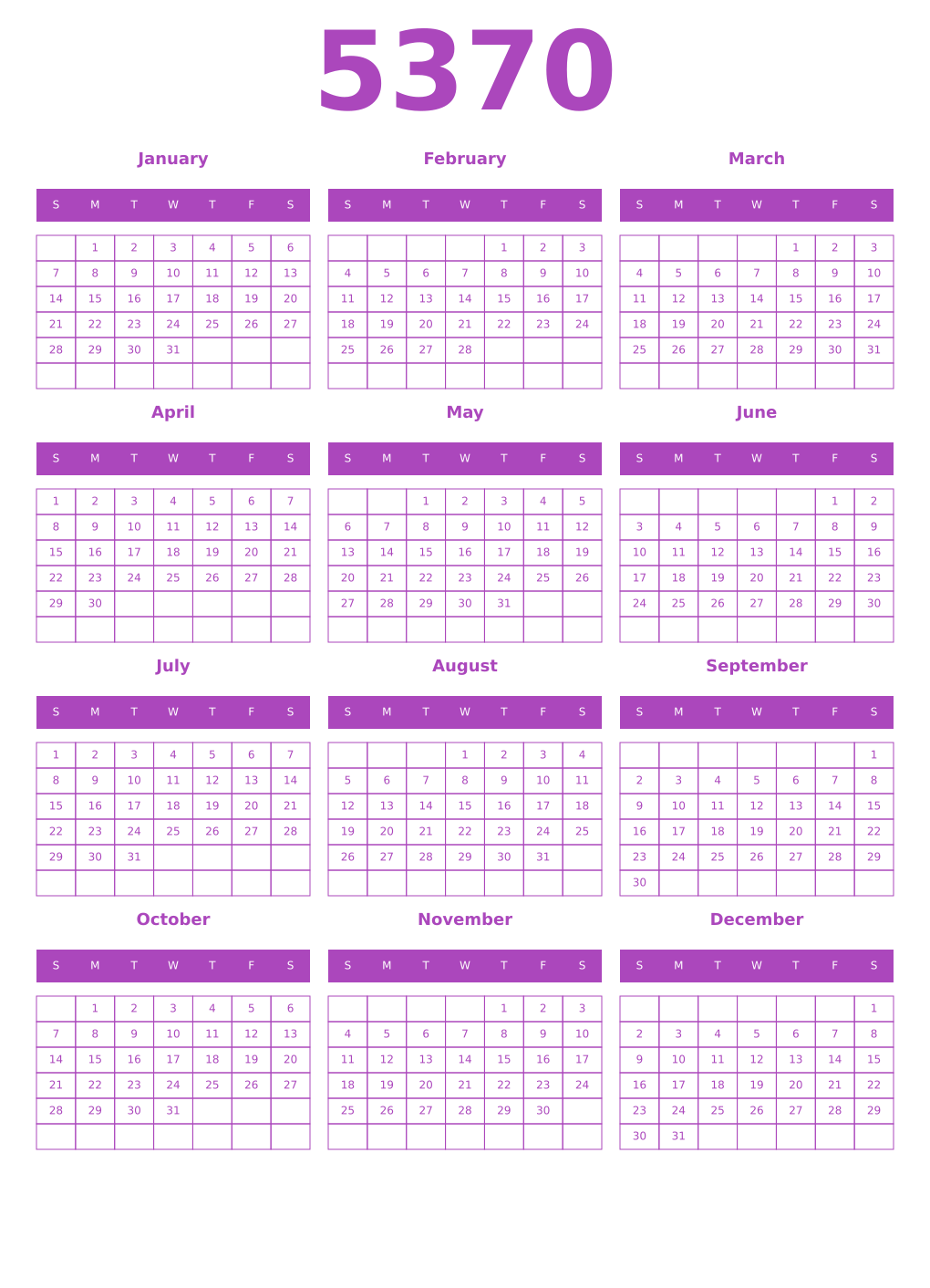 Printable 5370 Year Calendars purple
