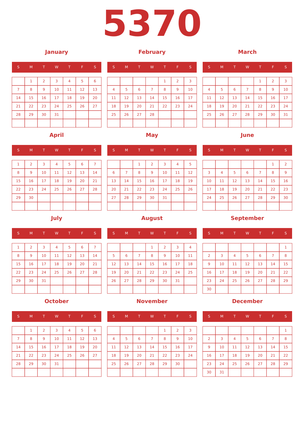 Printable 5370 Year Calendars red