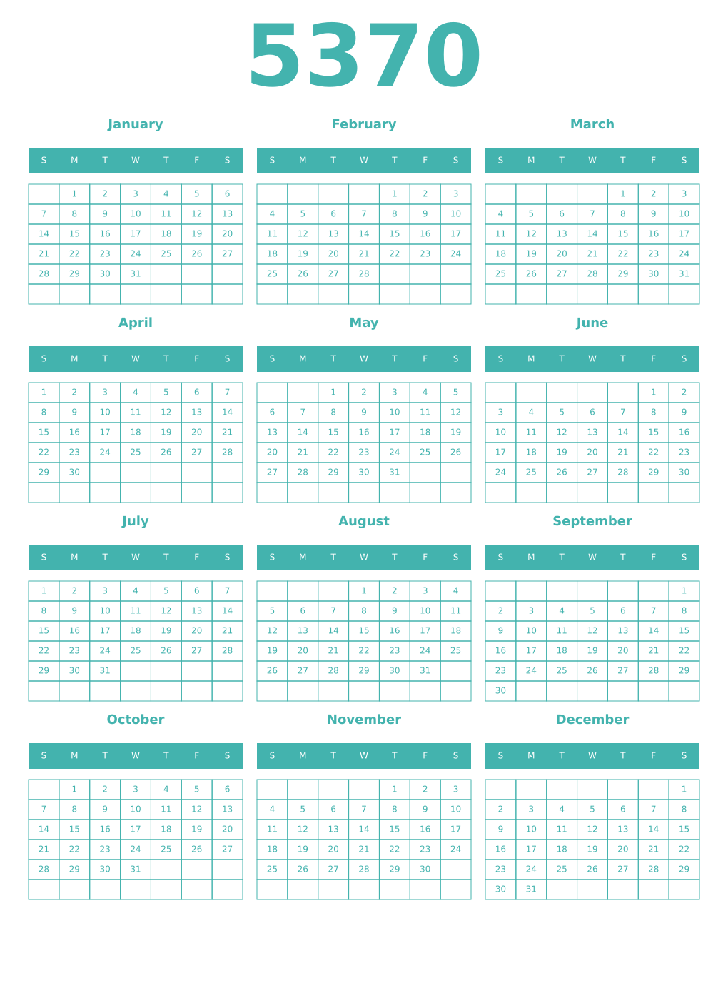 Printable 5370 Year Calendars verdigris