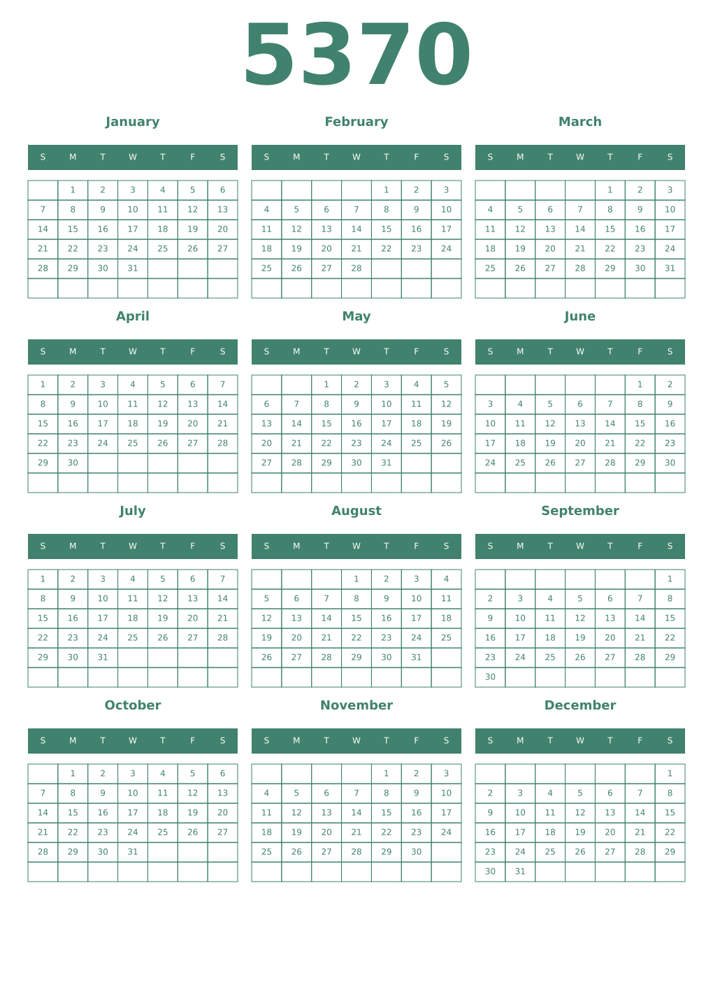 Printable 5370 Year Calendars viridian