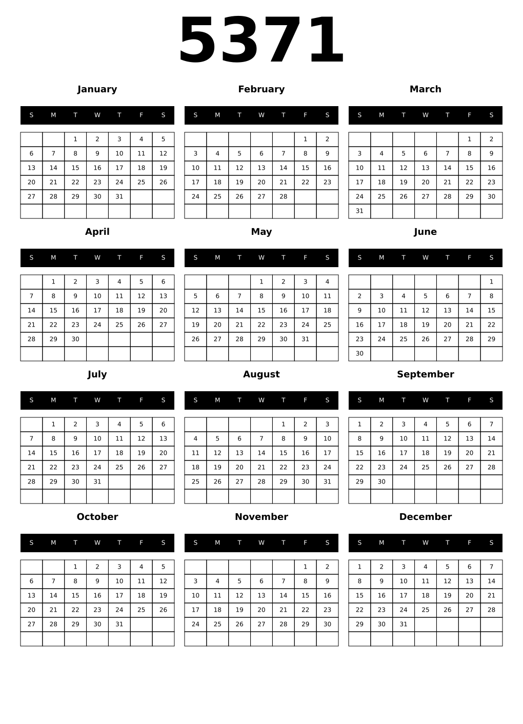 Printable 5371 Year Calendars black