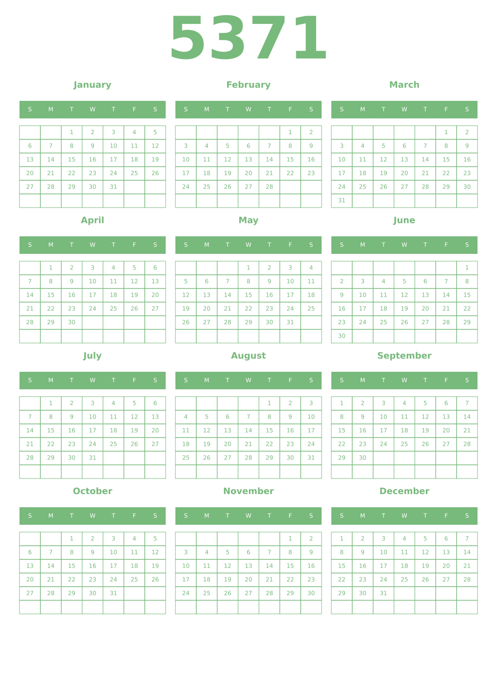 Printable 5371 Year Calendars celadon