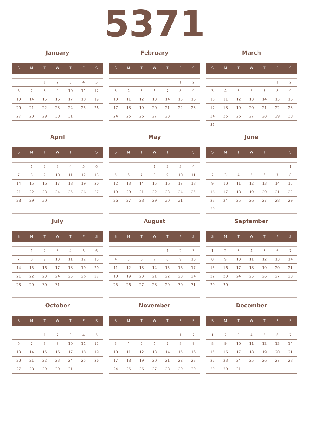Printable 5371 Year Calendars coffe