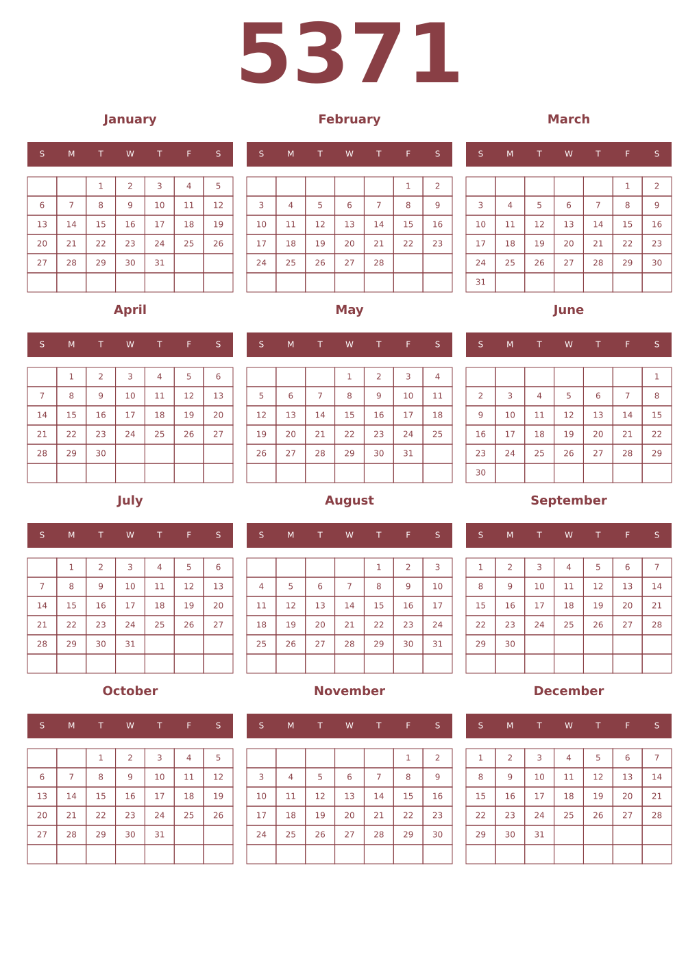 Printable 5371 Year Calendars cordovan