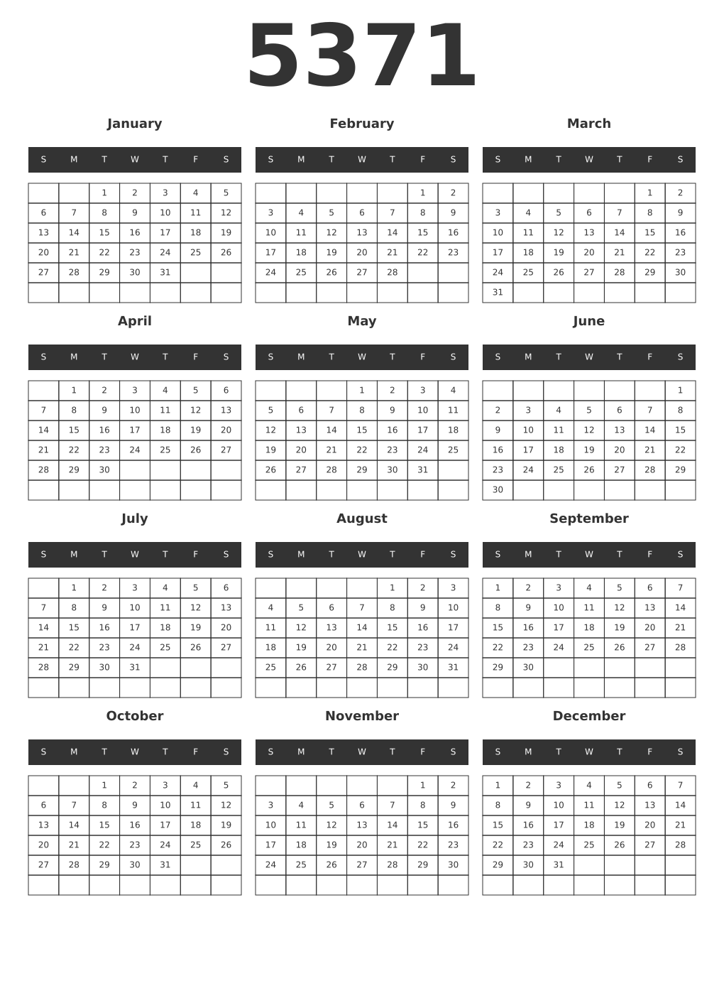 Printable 5371 Year Calendars dark