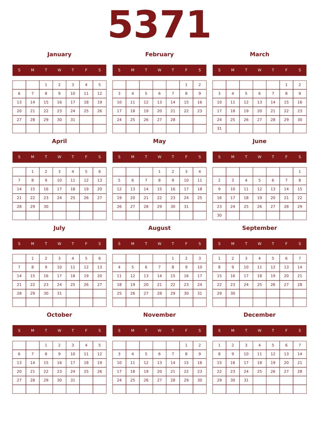 Printable 5371 Year Calendars falu