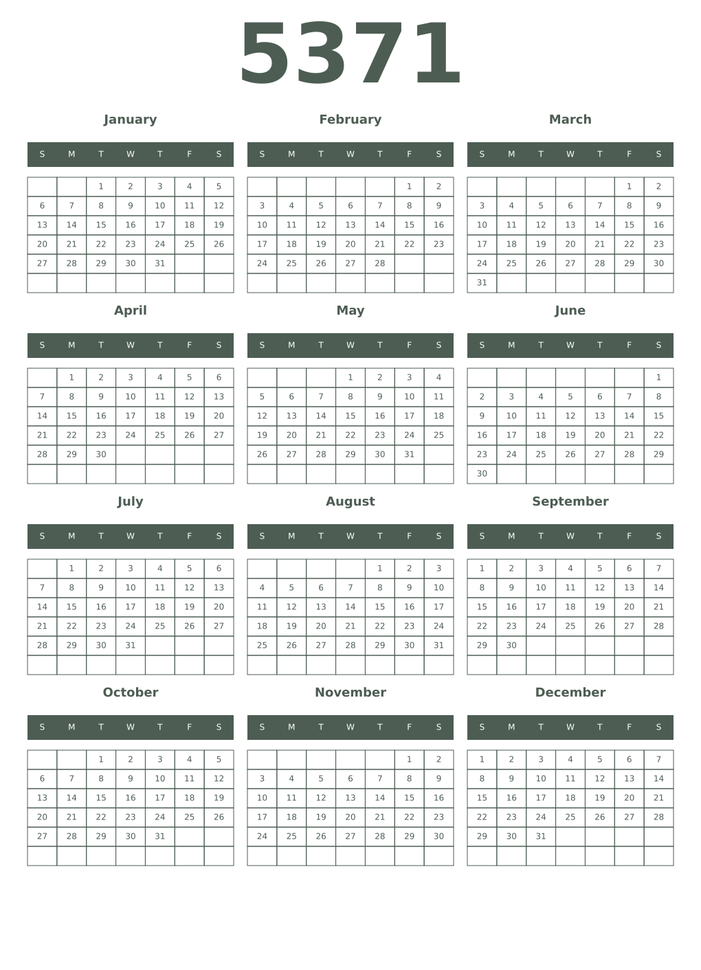 Printable 5371 Year Calendars feldgrau