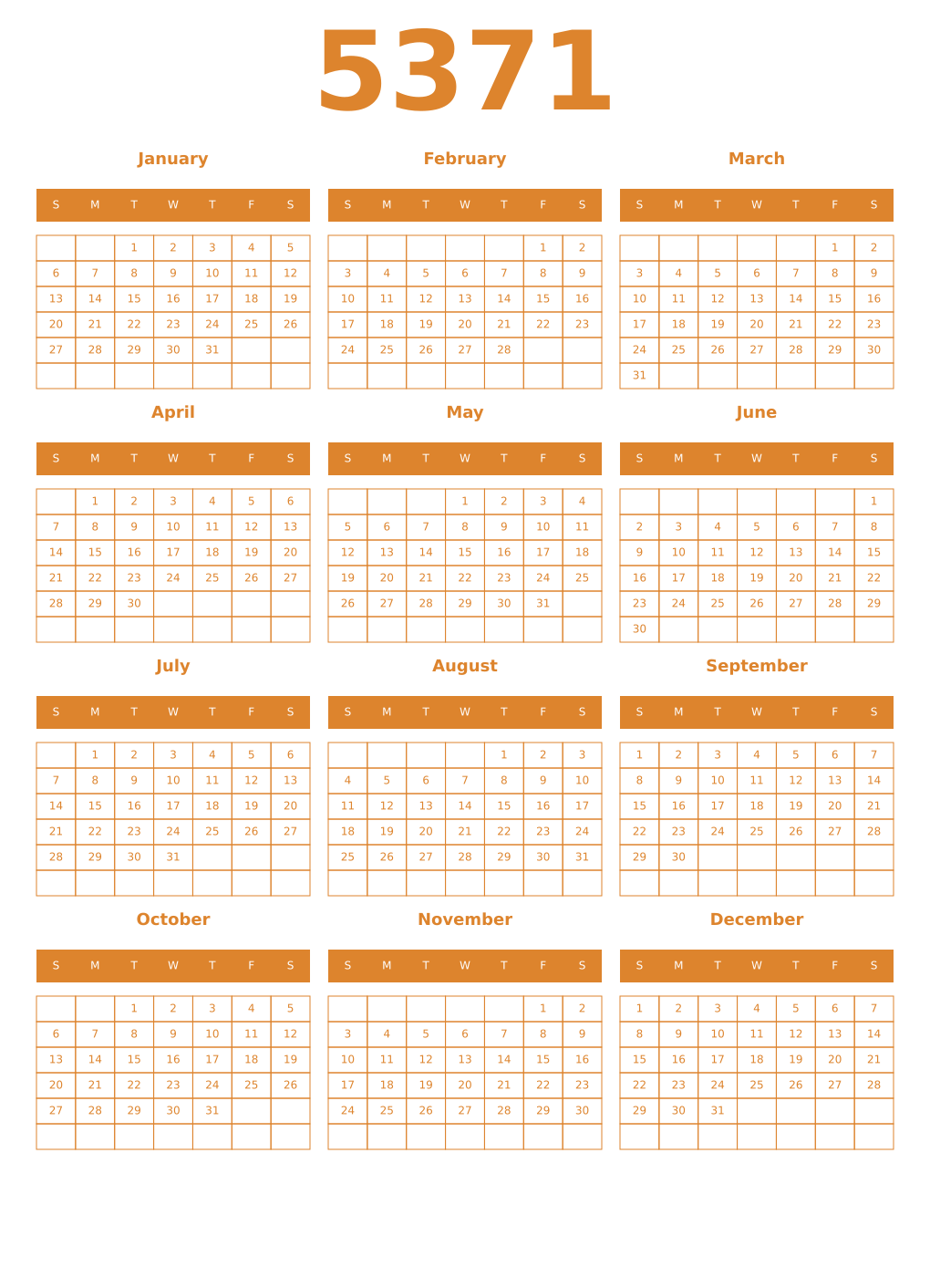 Printable 5371 Year Calendars orange