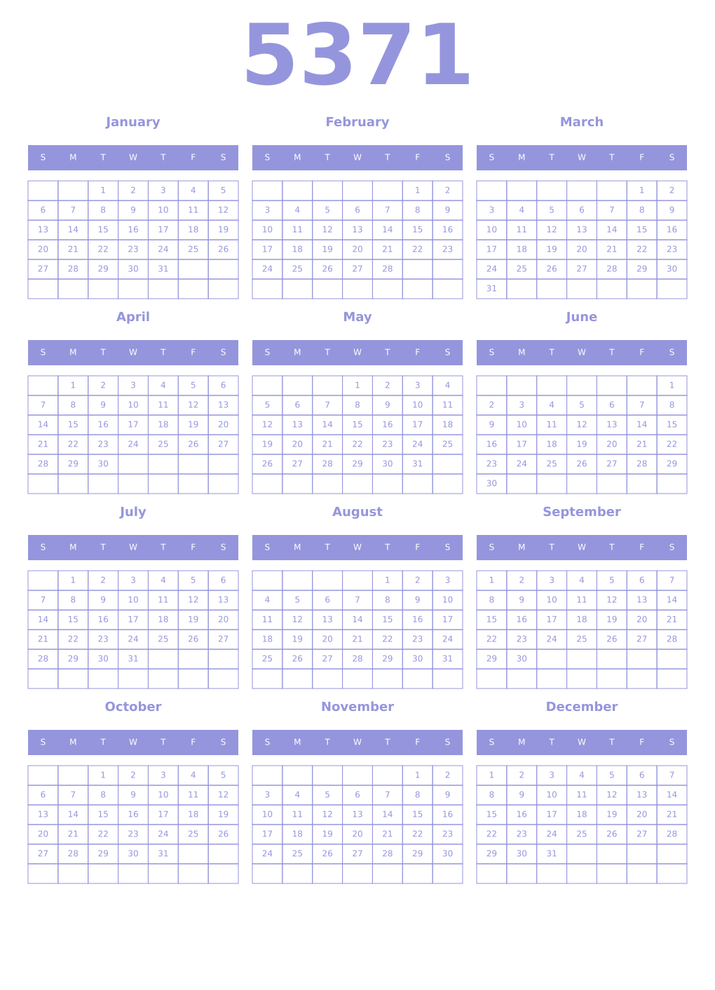 Printable 5371 Year Calendars periwinkle
