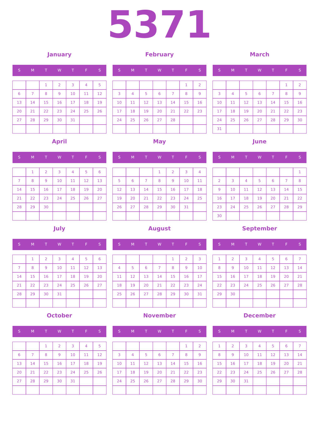 Printable 5371 Year Calendars purple