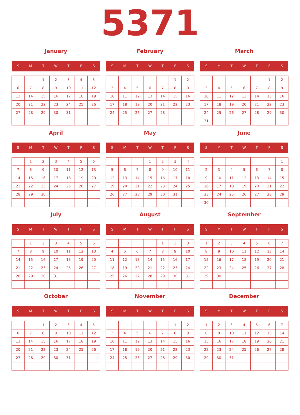 Printable 5371 Year Calendars red