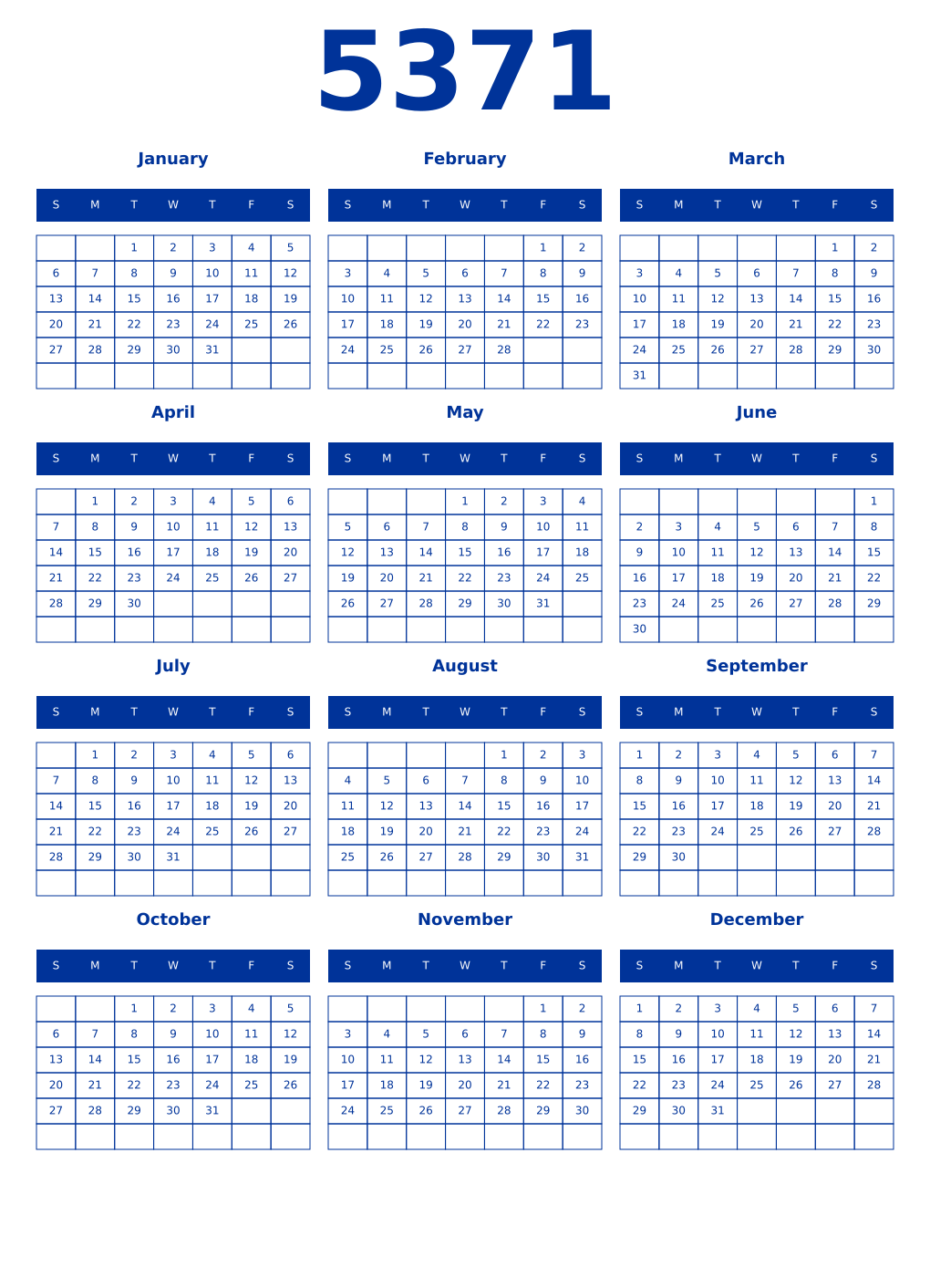 Printable 5371 Year Calendars smalt