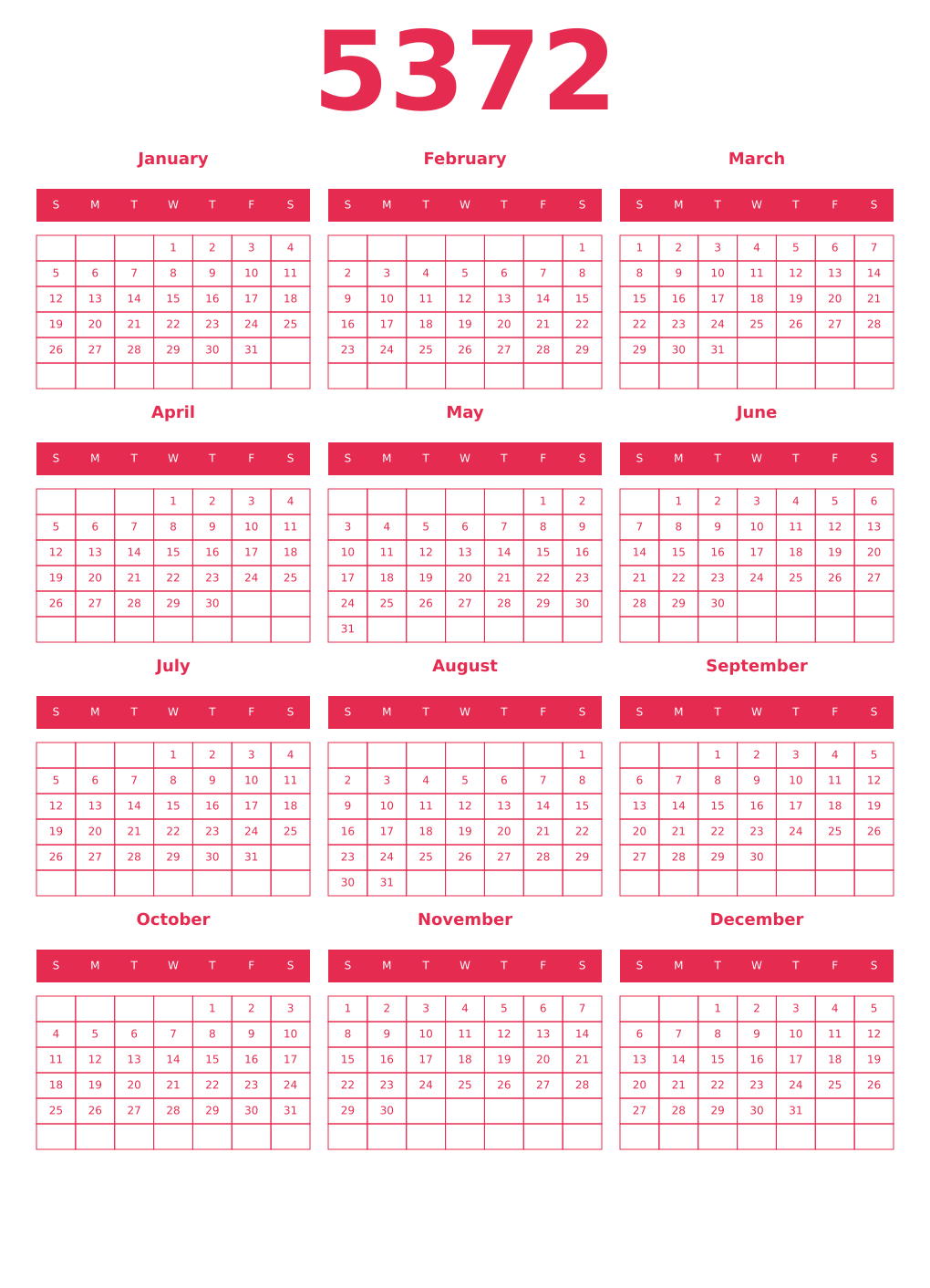 Printable 5372 Year Calendars amaranth