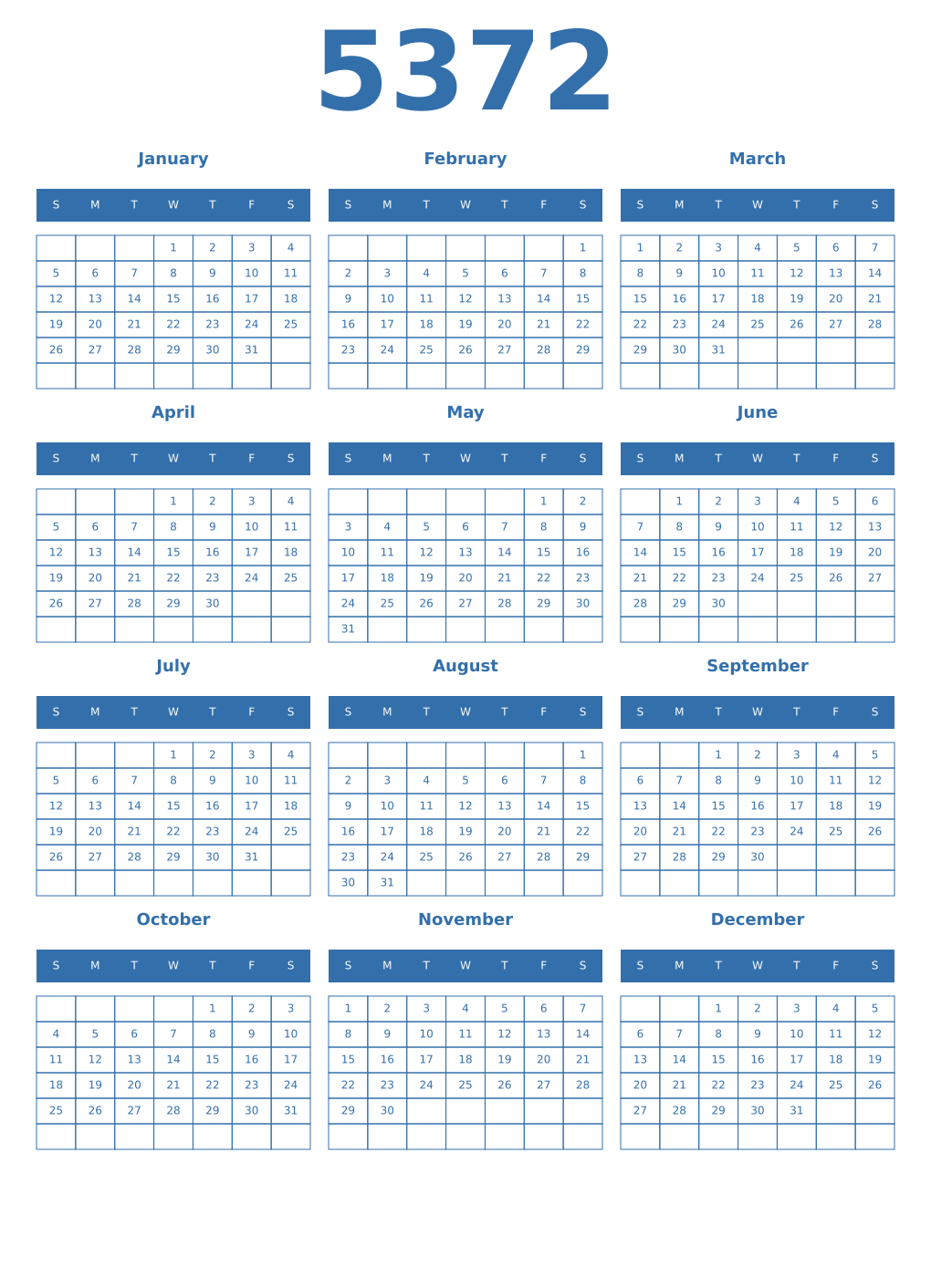 Printable 5372 Year Calendars blue