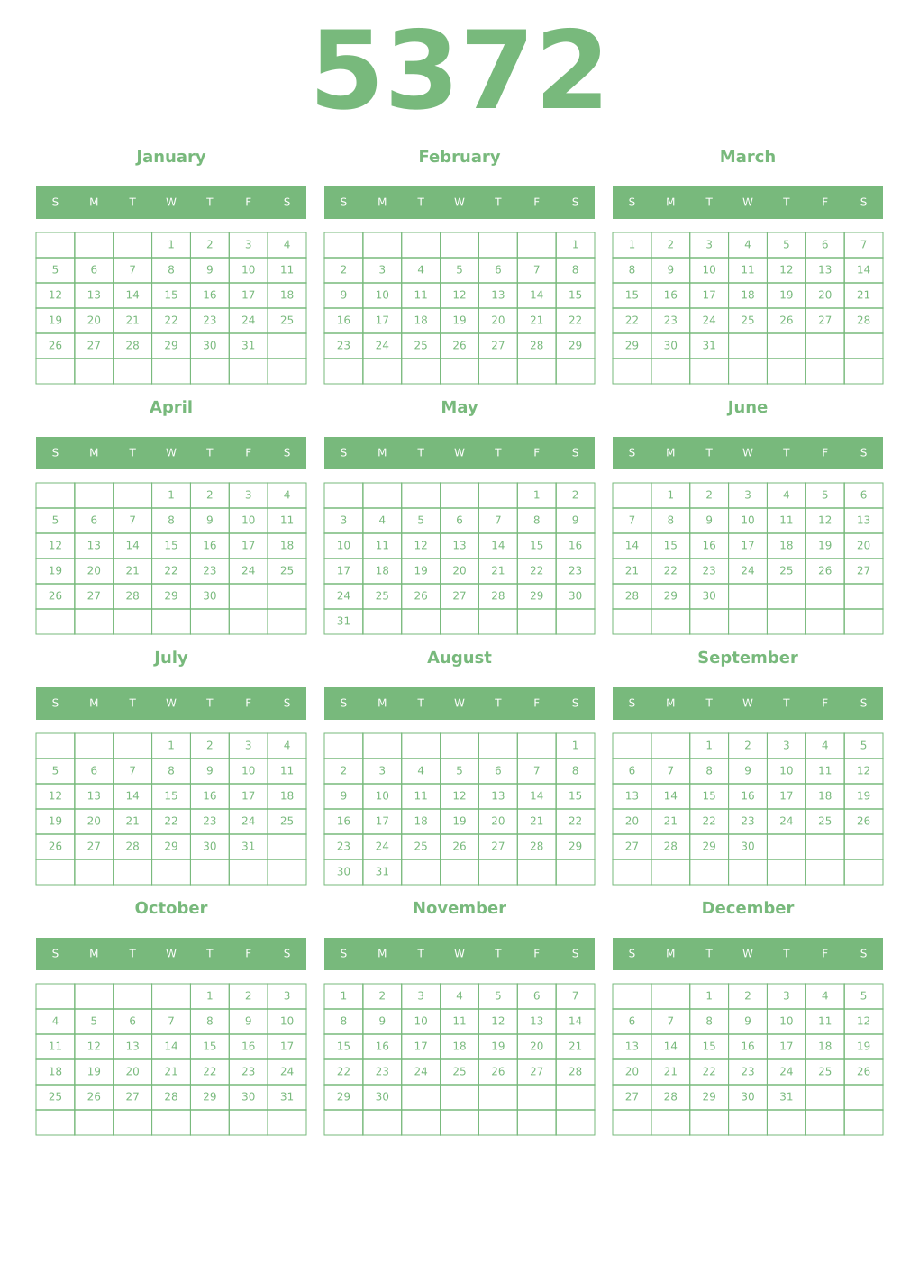 Printable 5372 Year Calendars celadon