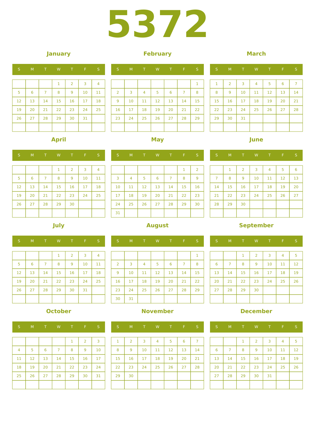 Printable 5372 Year Calendars chartreuse