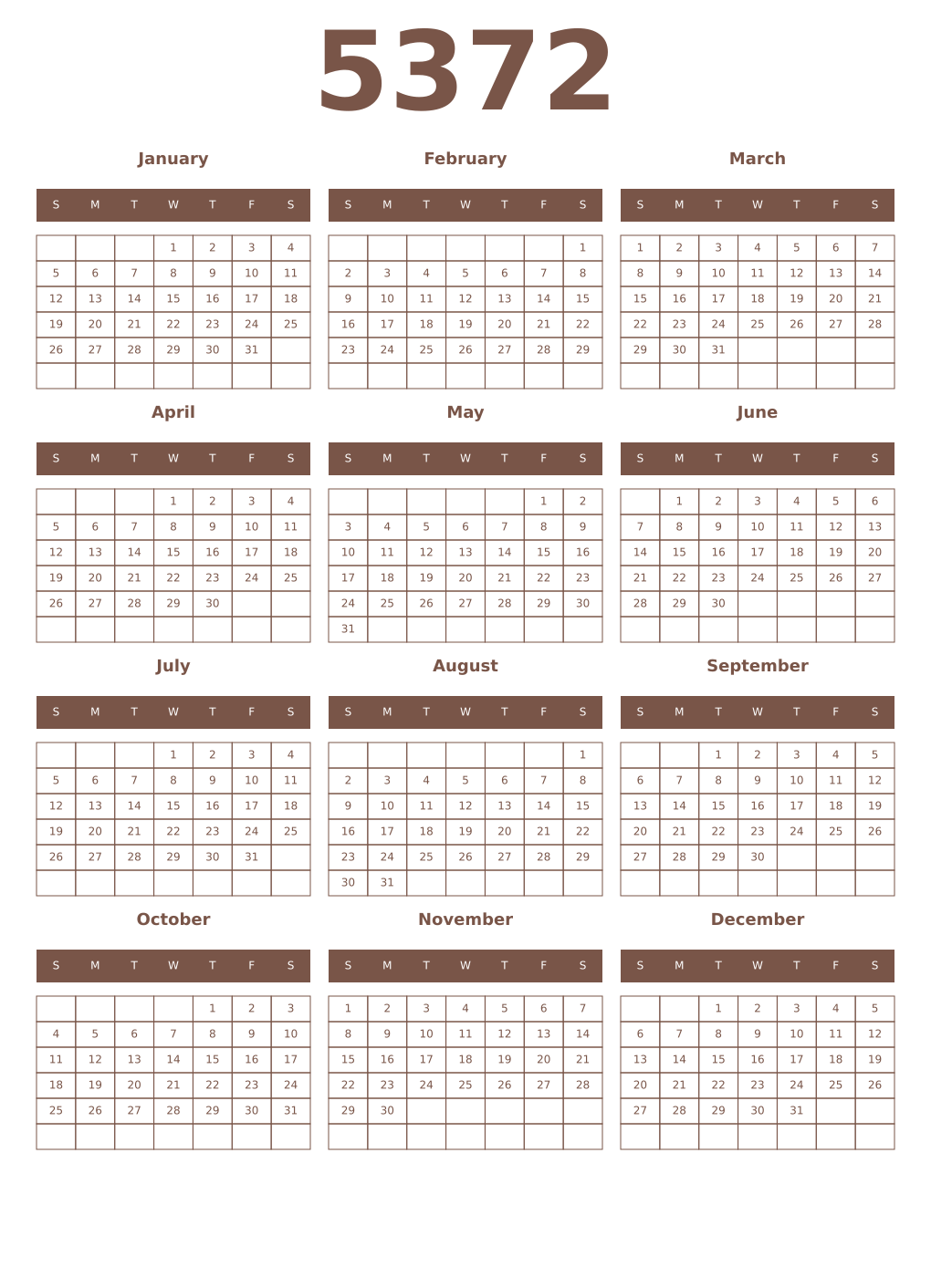Printable 5372 Year Calendars coffe