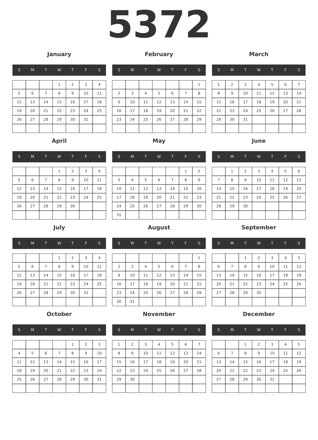 Printable 5372 Year Calendars dark