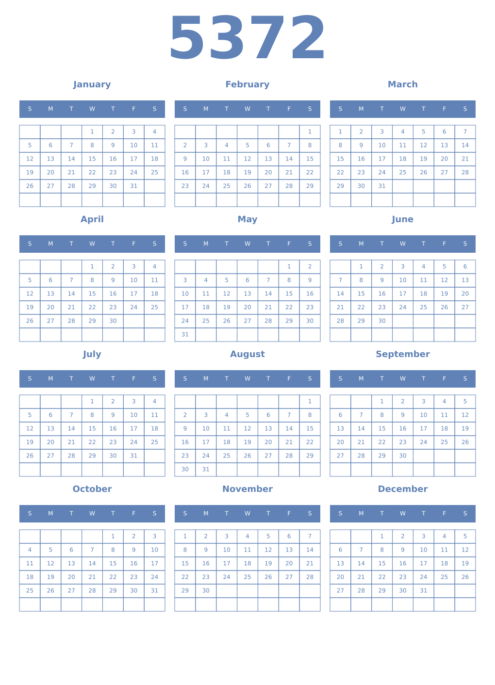 Printable 5372 Year Calendars glaucous