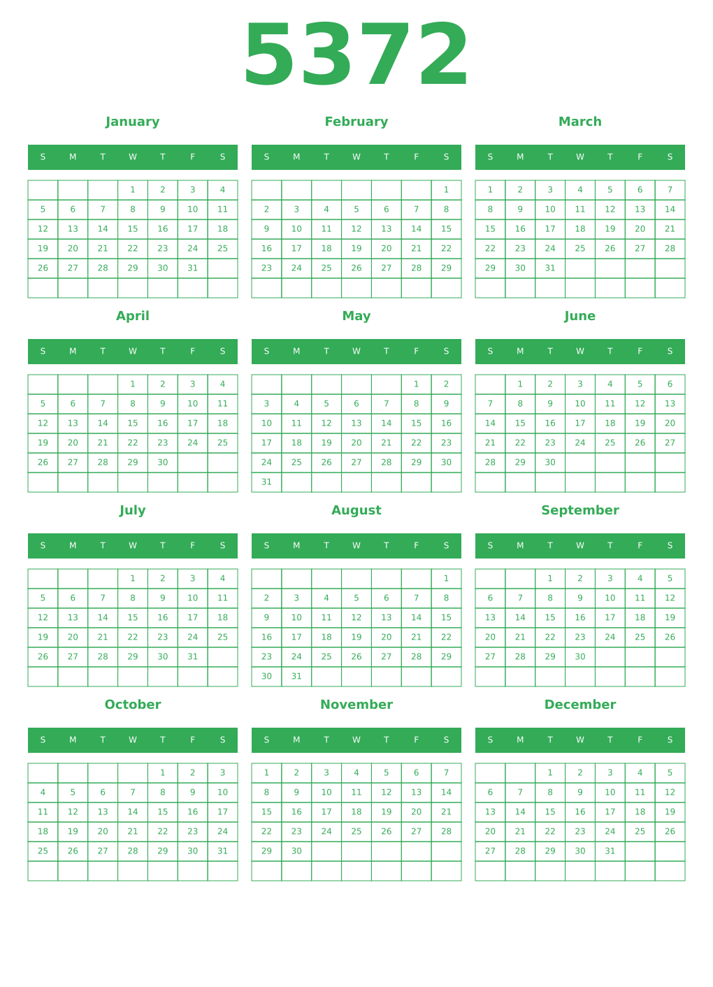 Printable 5372 Year Calendars green