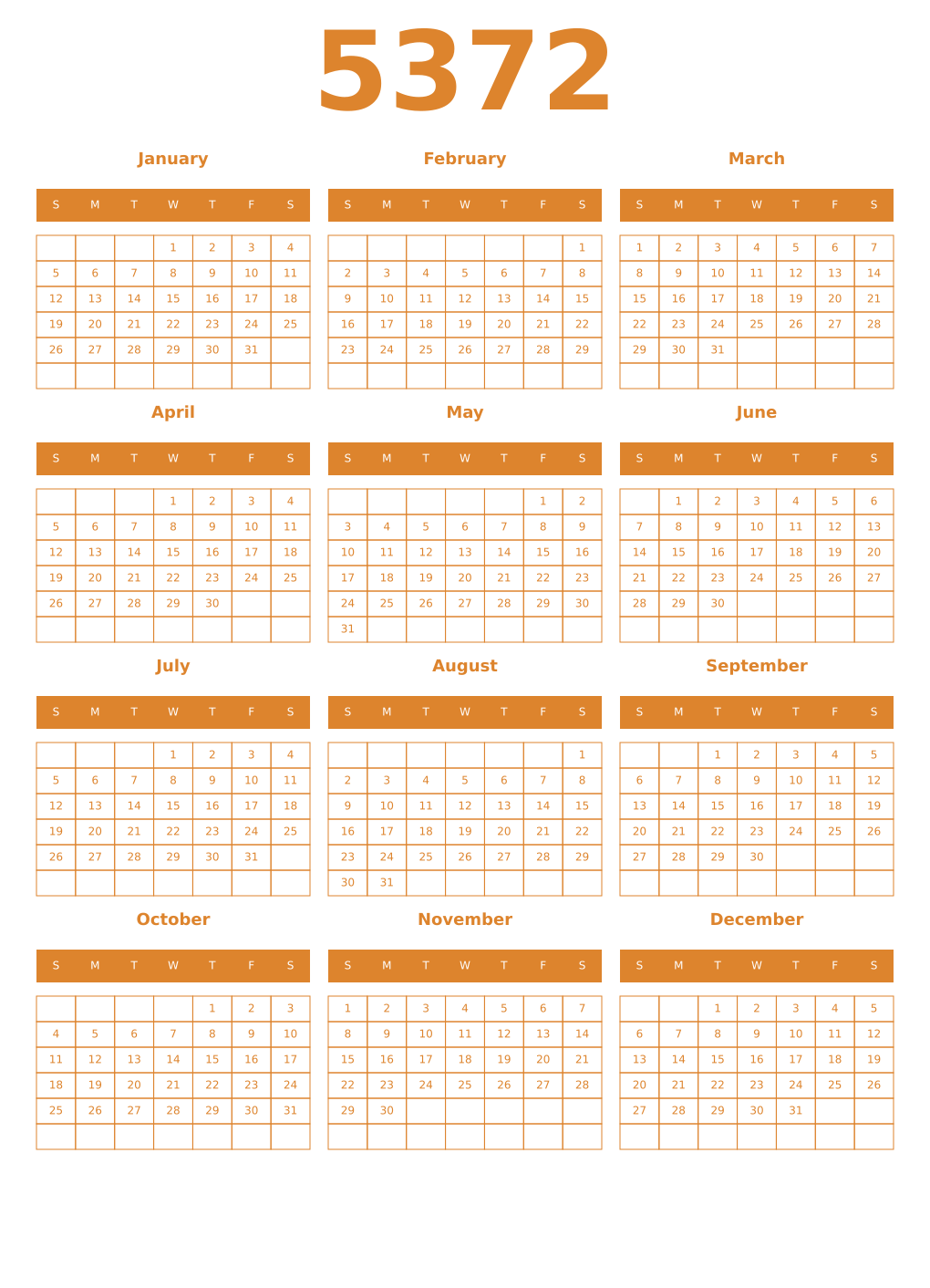 Printable 5372 Year Calendars orange