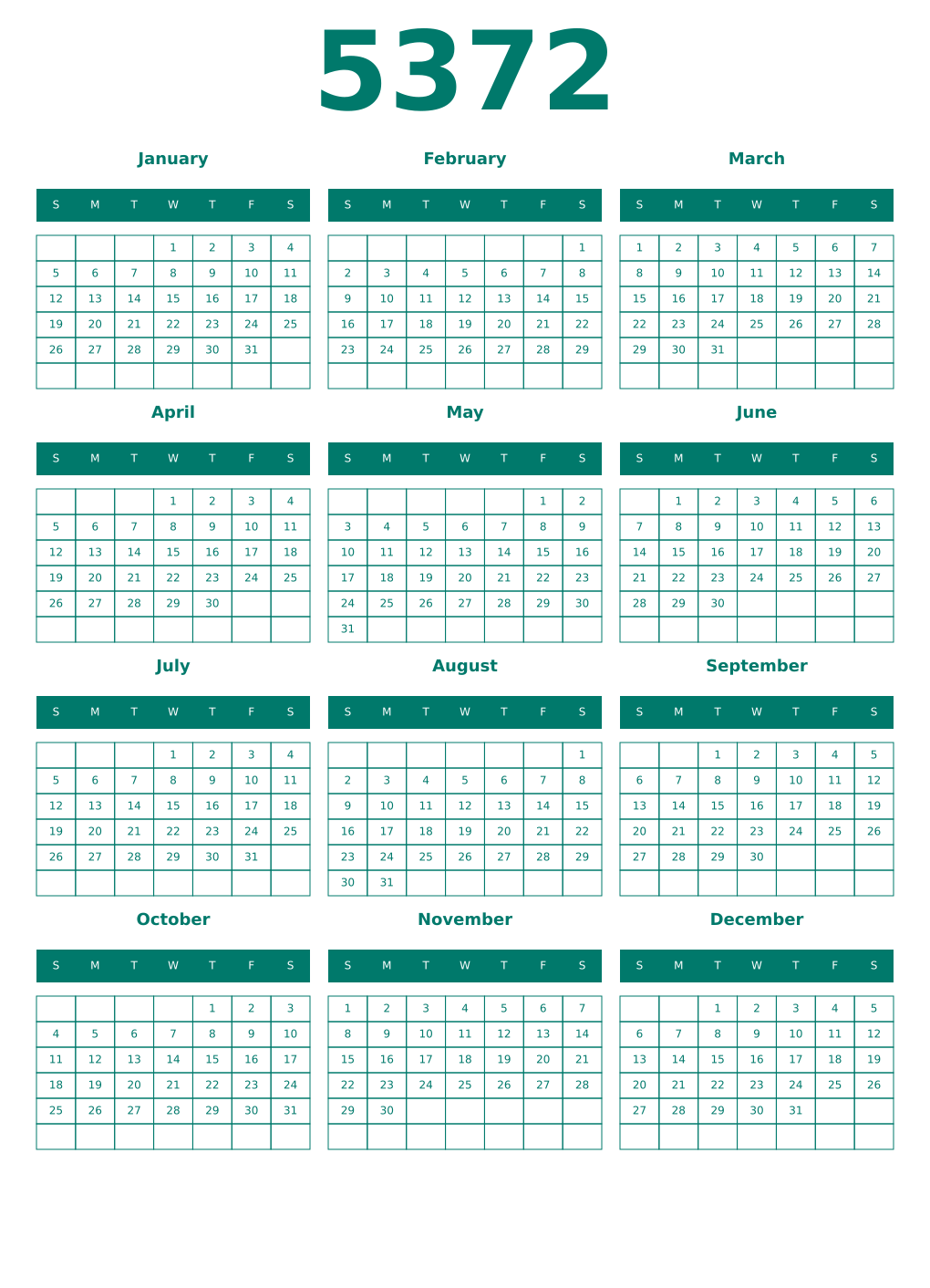 Printable 5372 Year Calendars pastel