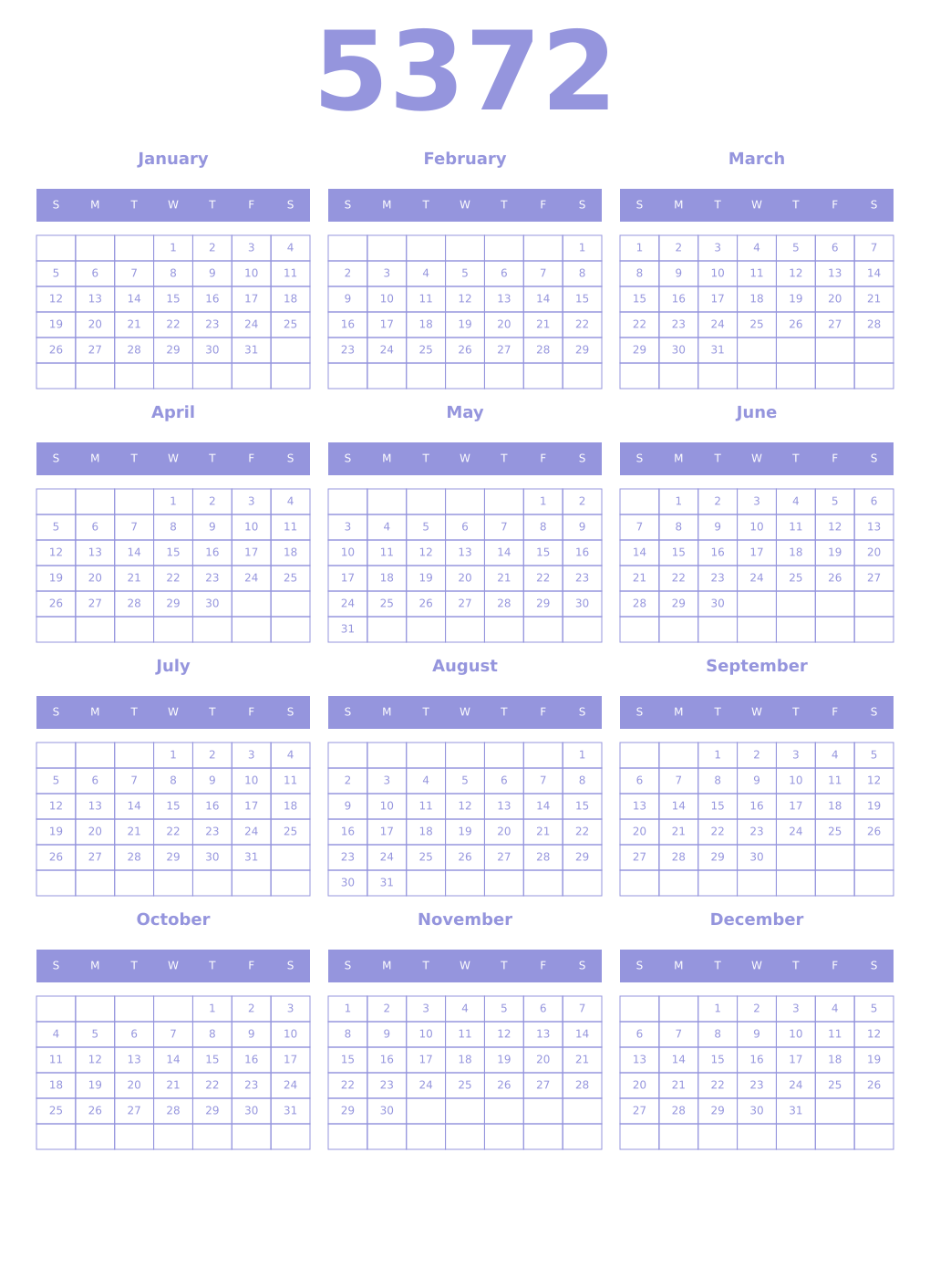 Printable 5372 Year Calendars periwinkle