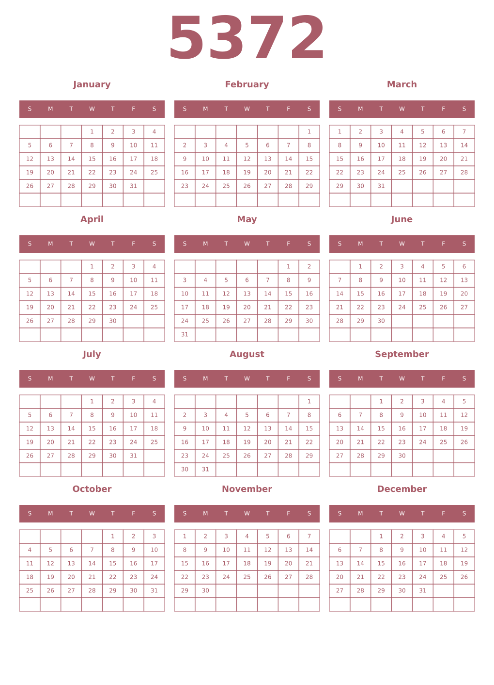 Printable 5372 Year Calendars puce