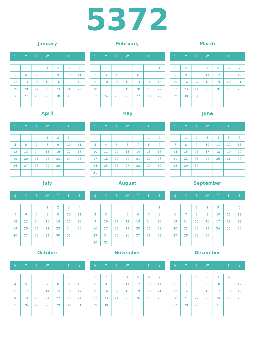 Printable 5372 Year Calendars verdigris