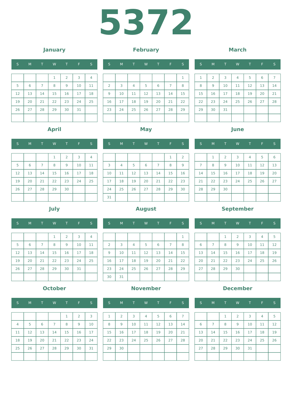 Printable 5372 Year Calendars viridian