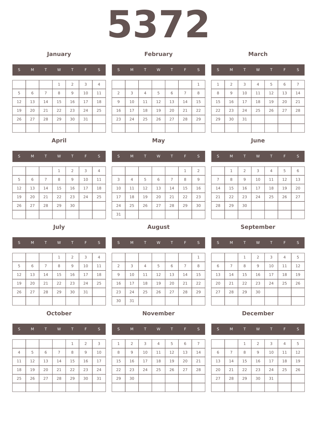 Printable 5372 Year Calendars wenge