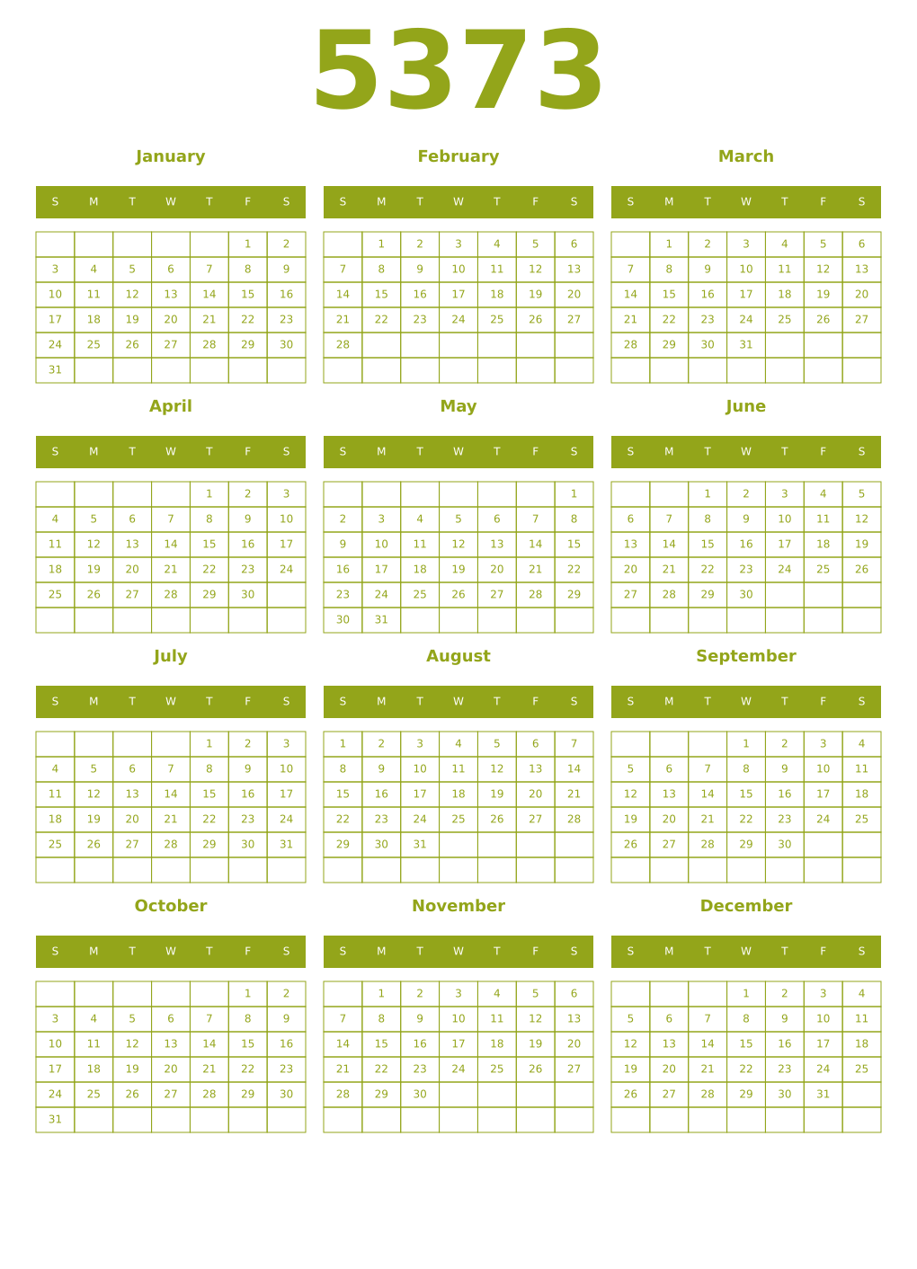 Printable 5373 Year Calendars chartreuse