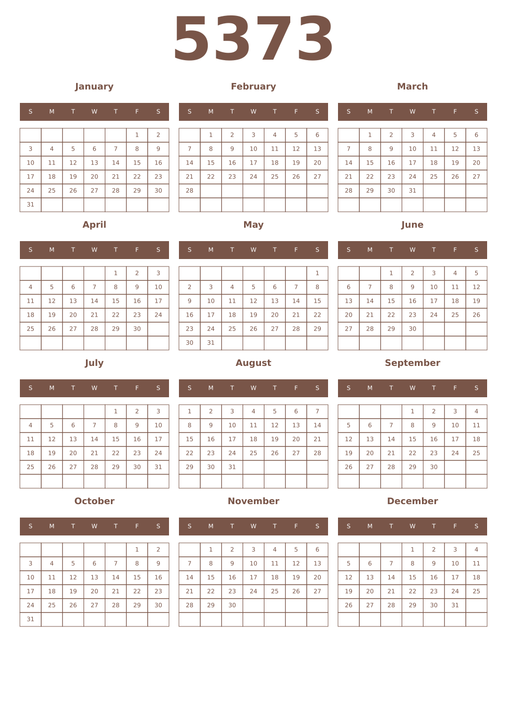 Printable 5373 Year Calendars coffe