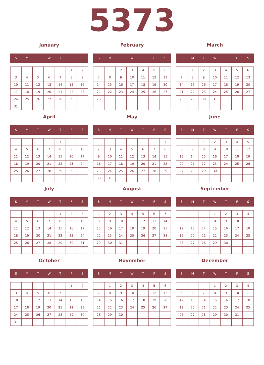 Printable 5373 Year Calendars cordovan