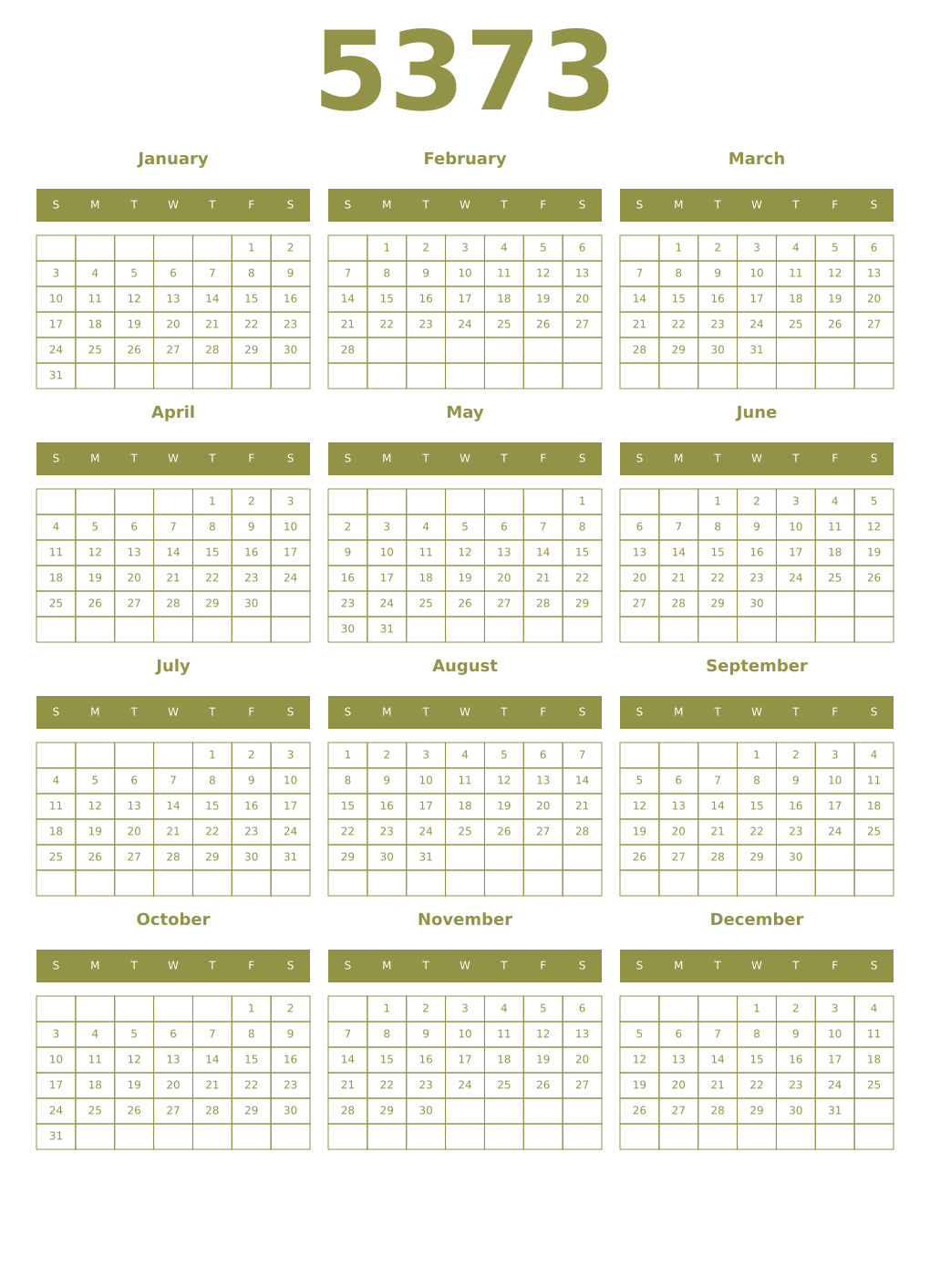 Printable 5373 Year Calendars eburnean