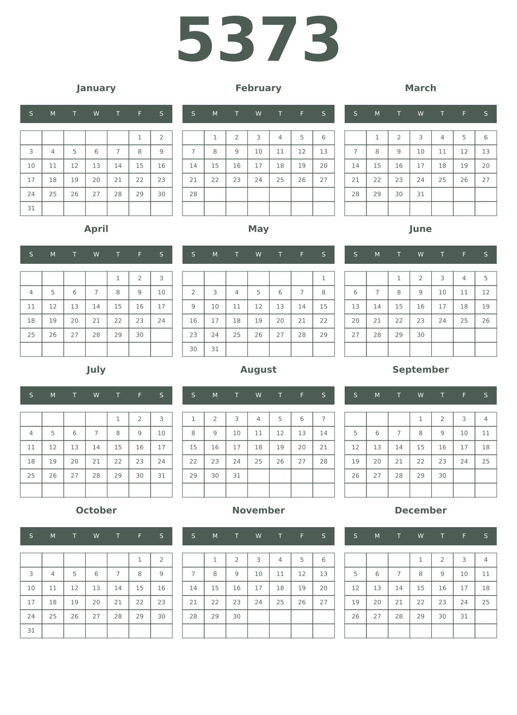Printable 5373 Year Calendars feldgrau