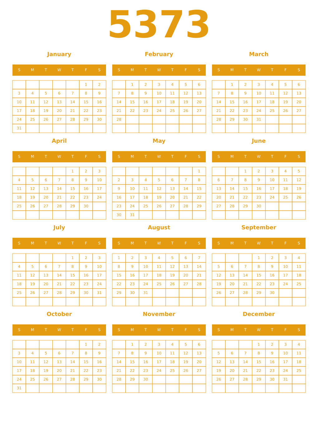 Printable 5373 Year Calendars gamboge
