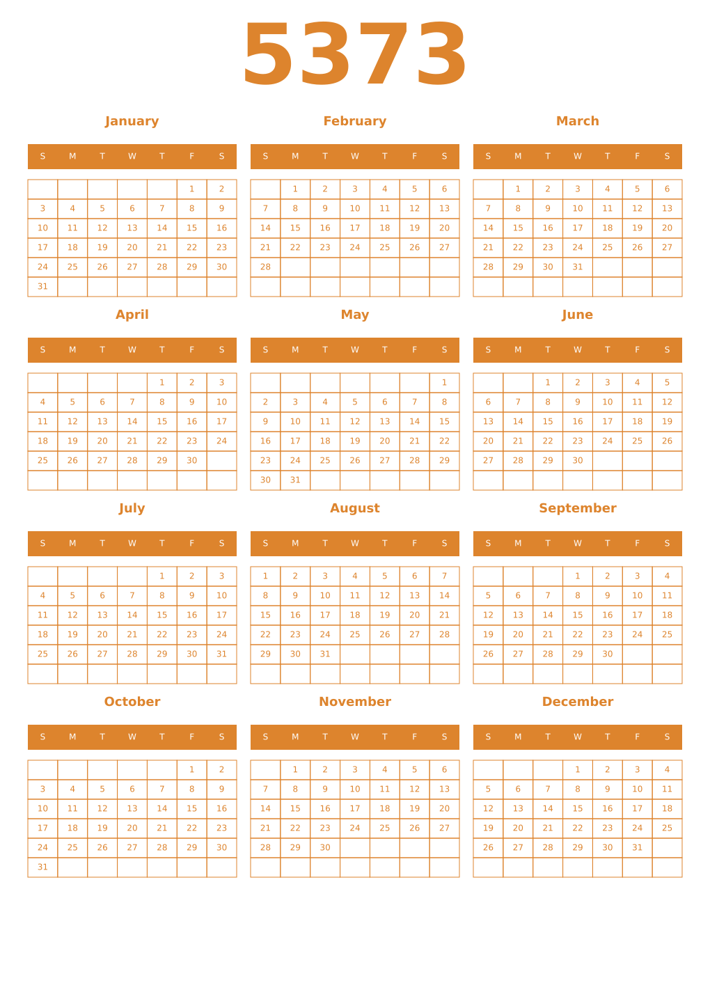 Printable 5373 Year Calendars orange