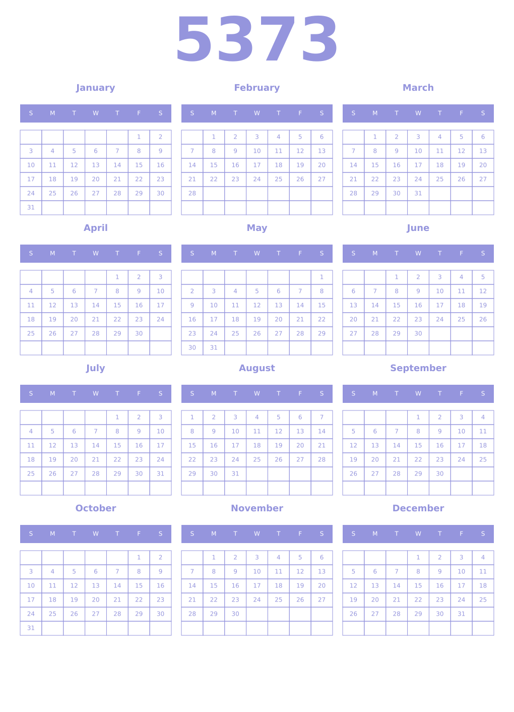 Printable 5373 Year Calendars periwinkle
