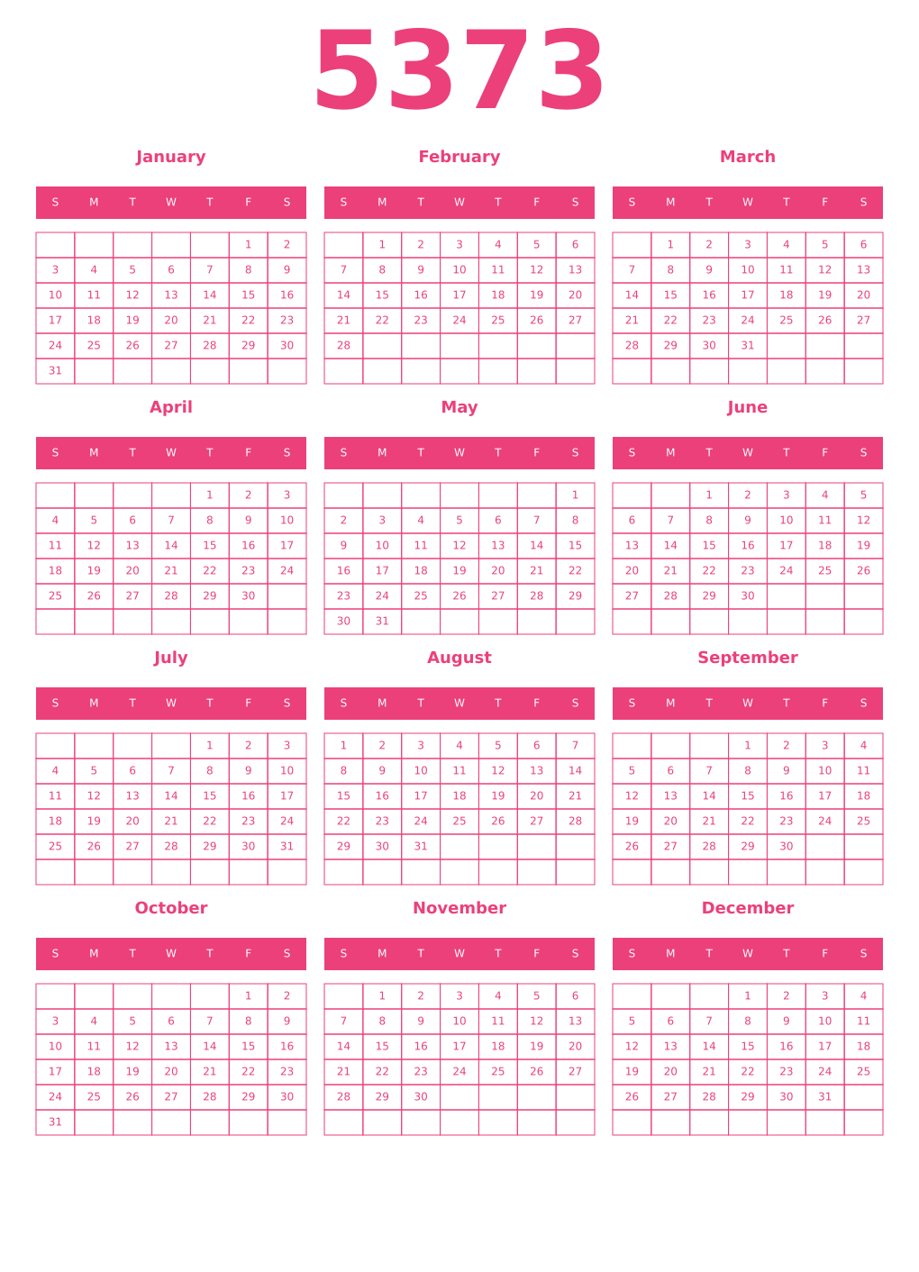 Printable 5373 Year Calendars pink