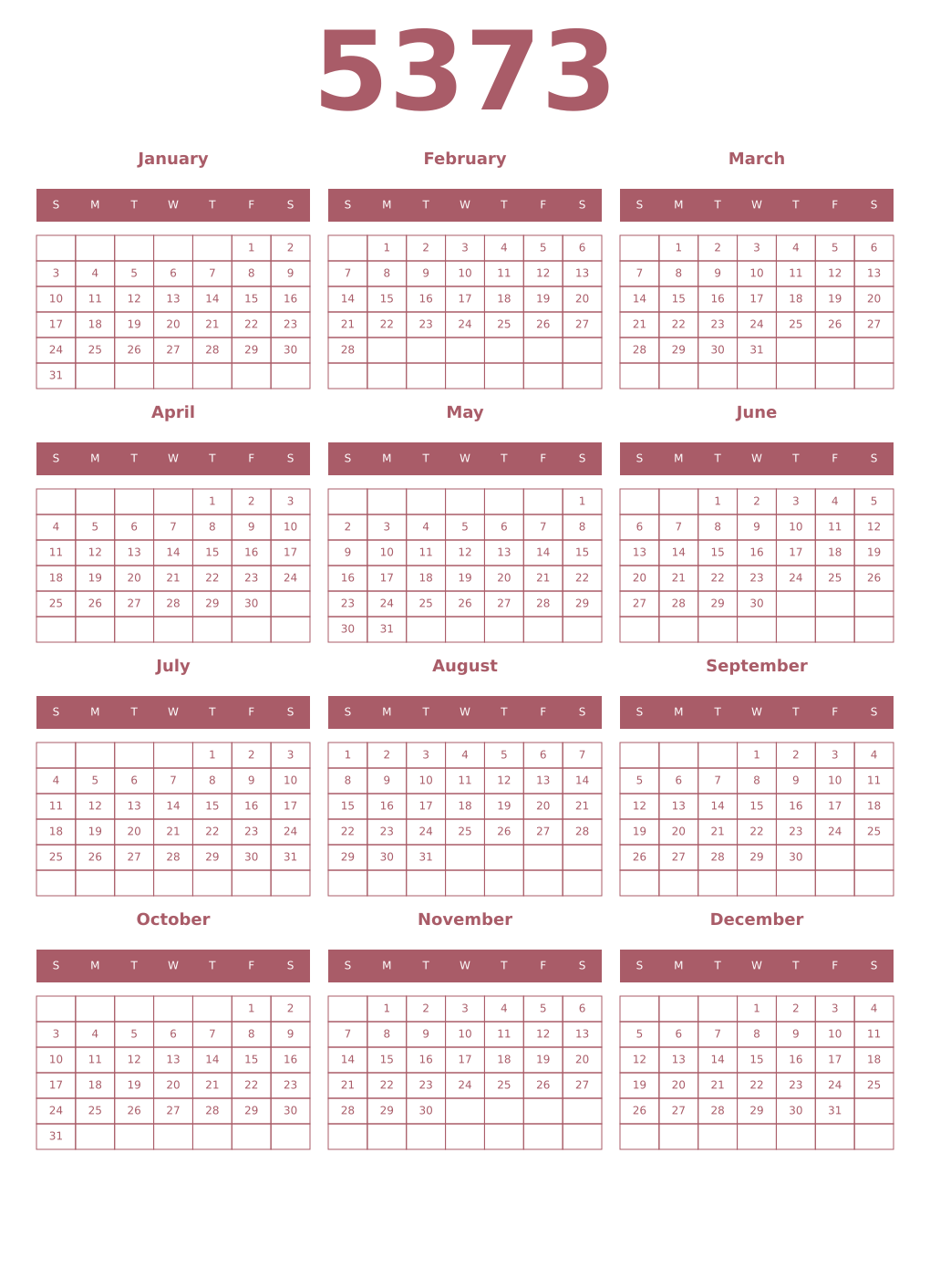 Printable 5373 Year Calendars puce