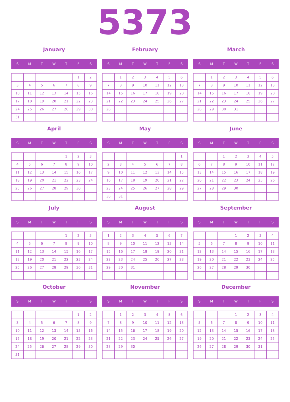 Printable 5373 Year Calendars purple