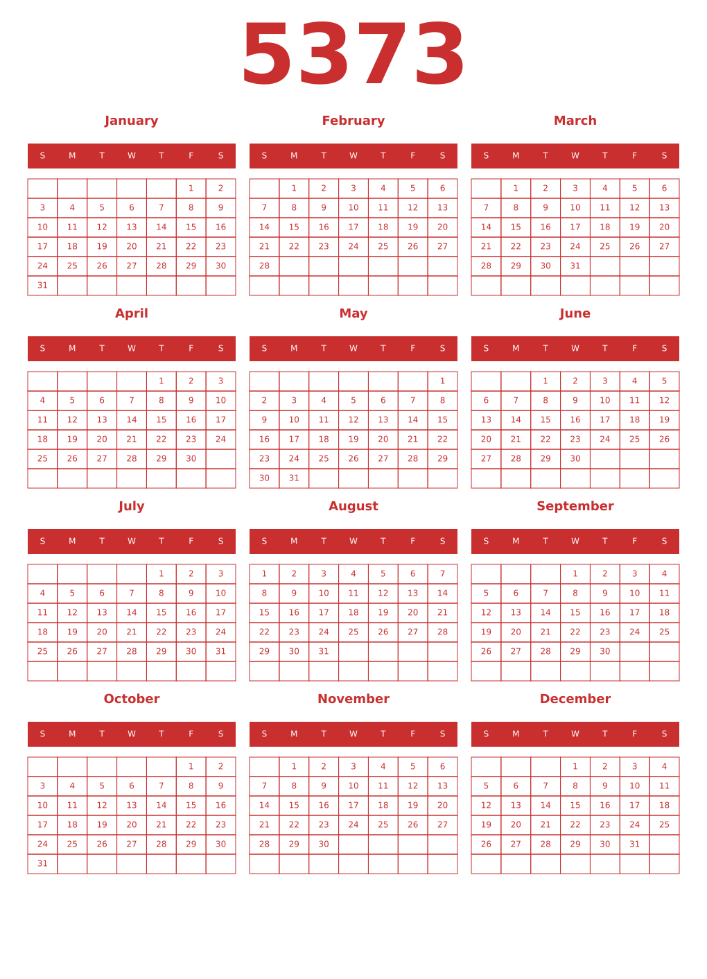 Printable 5373 Year Calendars red