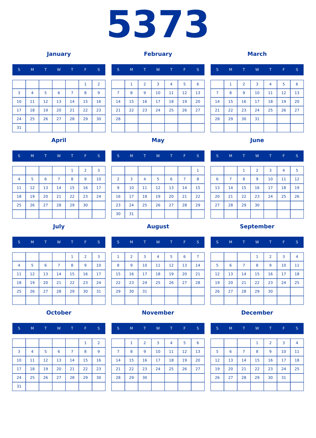 Printable 5373 Year Calendars smalt
